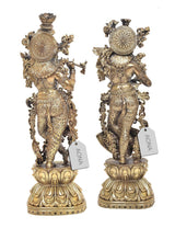 Brass Radha Krishna flute statue pair, crown and back-ornament detail, 15 in
