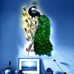 LED-lit peacock wall art, green feather fan and blue bird head on hanging iron