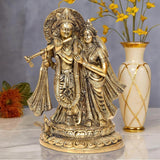 Brass Radha Krishna idol statue, seated pair holding flute, ornate crowns