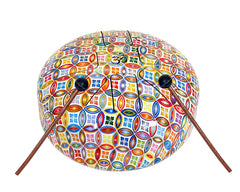 Steel happy drum with two mallets, yellow multicolor geometric pattern