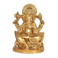 Brass Raja Ganesh idol statue, front view with raised hands and halo