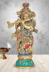 Brass Radha Krishna statue, 9.5 in, jeweled crown, holding flute