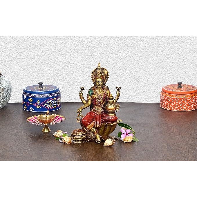 Cold Cast Handcrafted Lord Lakshmi Murti Sitting On Lotus in Resin, Height : 7 inch