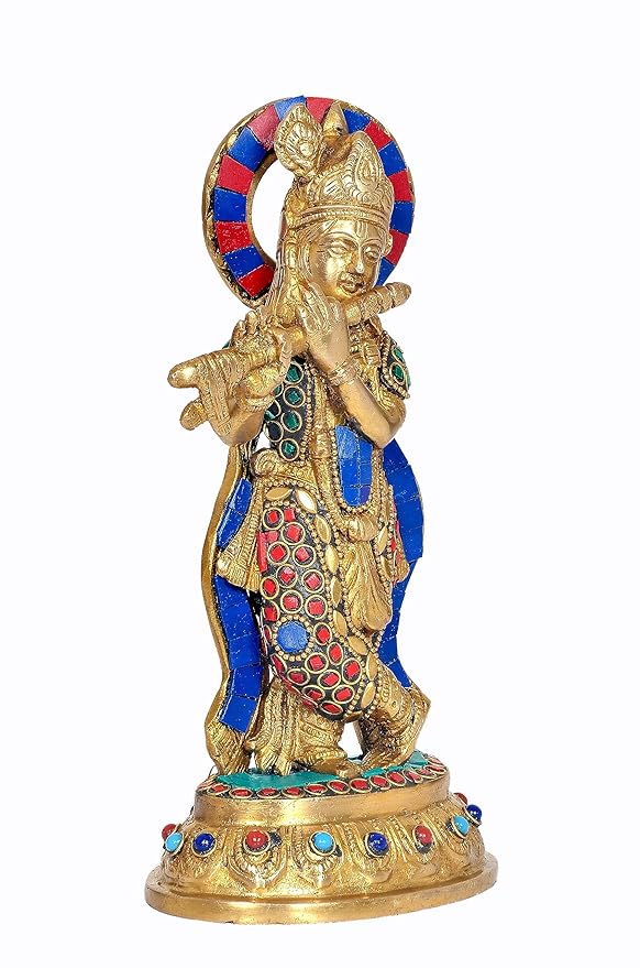 Brass Krishna Statue Idol Playing Flute with Frame for Home Decor | Height : 8.5 Inches (Multi Stone)