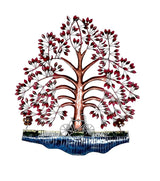 LED iron wall tree art with burgundy leaves, swirled branches, and blue base panel