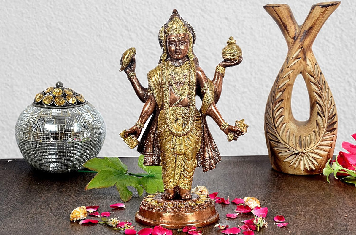 AONA brass Dhanwantri idol statue, 10 inch, standing with raised hands