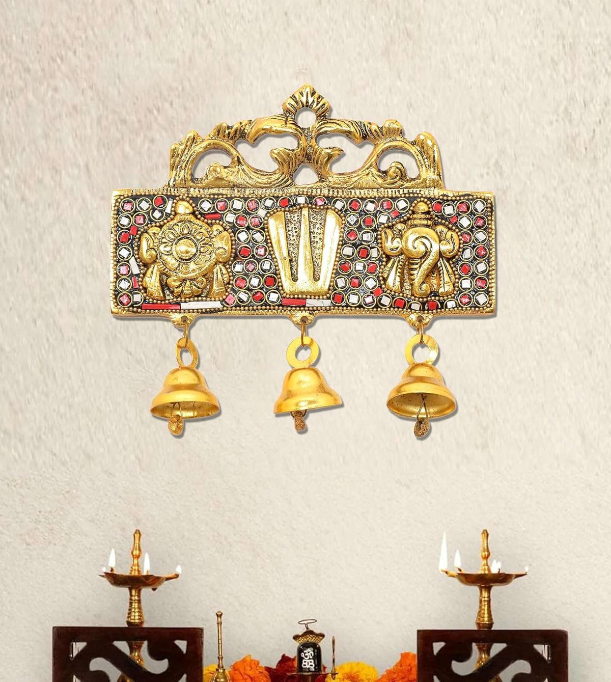 Gold metal hanging Balaji Sanku Chakra namam latkan with 3 dangling bells