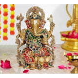 Brass Ganpati on lotus base, 12 in, multicolor jeweled details, seated with raised hands