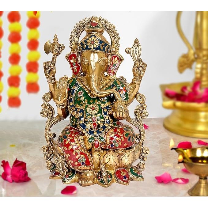 Brass Ganpati on lotus base, 12 in, multicolor jeweled details, seated with raised hands