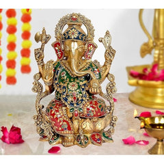Brass Ganpati on lotus base, 12 in, multicolor jeweled details, seated with raised hands