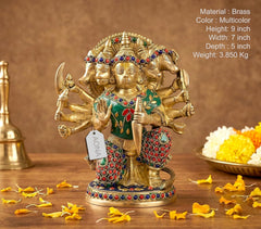Brass Panchmukhi Hanuman idol, multicolor gem inlay on crown and clothing, 9 in
