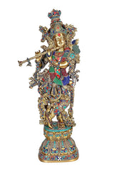 Krishna brass statue with flute, colorful jeweled outfit and crown, full view