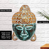 Wooden Buddha mask wall hanging, multicolor teal-and-gold face; hanging wall decor