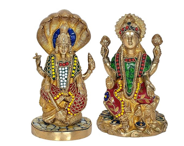 Brass Lord Sitting Vishnu Lakshmi On Shesh Naag Idol Figurine Showpiece Multicolour Height 8" Inches (Set of 2) Entryway Setting