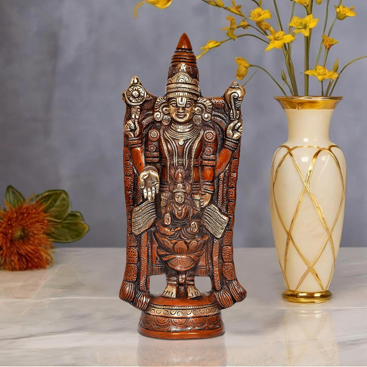 Brass Tirupati Bala Ji idol statue, front view, multicolour ornate detailing, 12 in