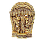 Front view golden brass Vishnu Dasavatara idol with multiple faces under the arch