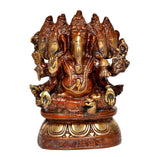 Brass Panchmukhi Ganesha idol, front view, five faces, golden detailing