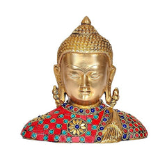 Brass Buddha bust showpiece, gold face with jeweled red-blue outfit, 6-inch height