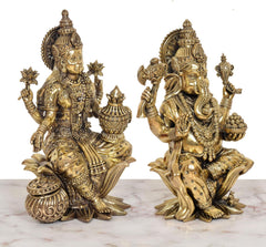 Rear/side view of brass-finish Lakshmi and Ganesh statues with decorative ornaments