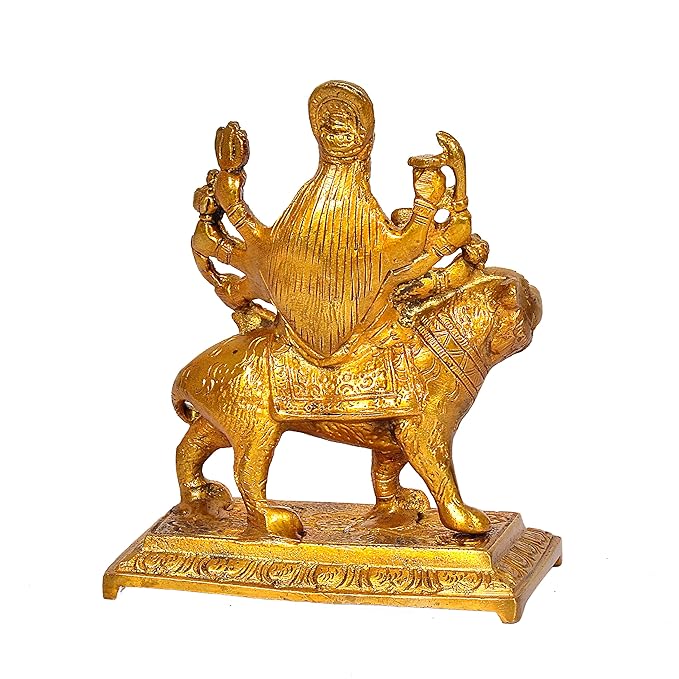 Hindu Goddess Durga Brass Statue and Sculpture Sitting on Lion for Puja (Height: 5.5 inch)