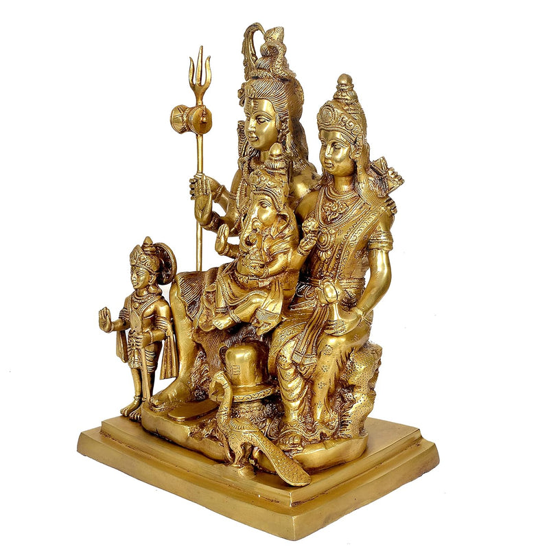 Brass Shankar Bhagwan Family Statue Mahadev, Parvati, Ganesha, Kartikeya & Nandi Murti (Height 15 Inches)