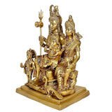 Gold-toned multi-figure deity statue of Shiva family with trident on left