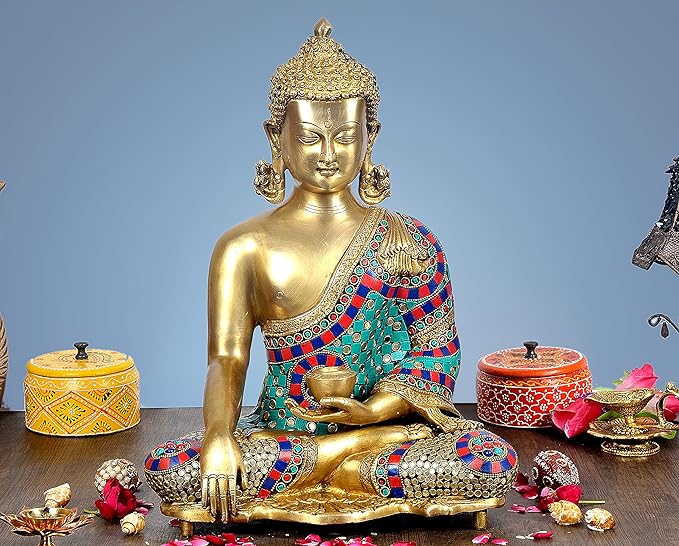 Brass Buddha statue in earth-touching pose, teal and red jeweled robe, seated 16 in