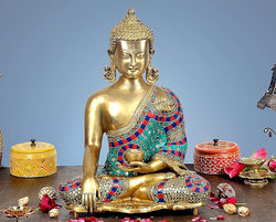 Brass Buddha Statue Stone Work Idol Buddha Religious Statue Height 16 Inch