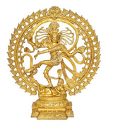 Brass Shiva Natraj dancing idol statue on square base, detailed circular aura