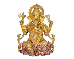 Brass Ganesh idol with ornate crown, raised arms and lotus base