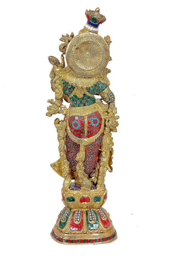 Radha Krishna brass statue rear side, circular halo and jeweled attire; 29 in