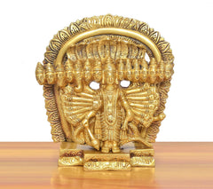 Brass Vishnu Virat swaroop statue, multi-face backdrop ring around central seated deity