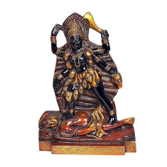 Maha Kali Maa brass idol statue, raised arms and shielded head, decorated base, 9.5 in