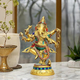 Brass dancing Ganesha idol with six hands, colorful beaded ornaments, raised arms
