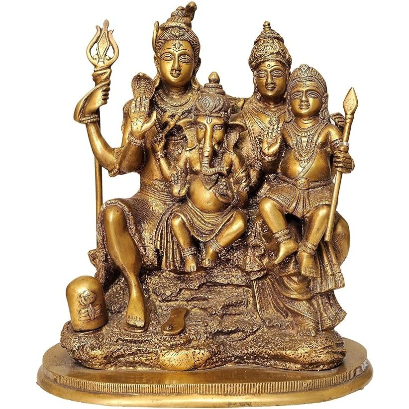 Brass Shiva Parivar showpiece with four seated figures and raised tridents, 12 inch.