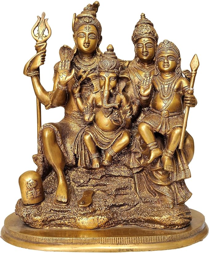 Shiva Parvati with Ganesha Idol Figurine Showpiece Home Temple Decor Decorative Showpiece Golden Height 12 Inch Brass