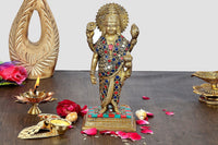 Brass Dhanvantari physician statue, 8-inch, colorful jeweled robes, raised hands
