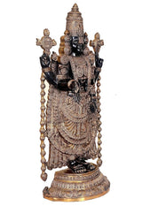 Brass Tirupati Balaji statue, full side view, detailed crown, black face, multiple arm ornaments