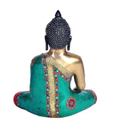 Back view brass Buddha statue, teal robe with red patterned accents, seated, 15 in