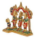 Brass ram darbar idol angled view with left ram statue and three standing figures