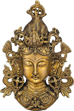 Gold Tara face wall mask with detailed curls, floral medallion, and headdress