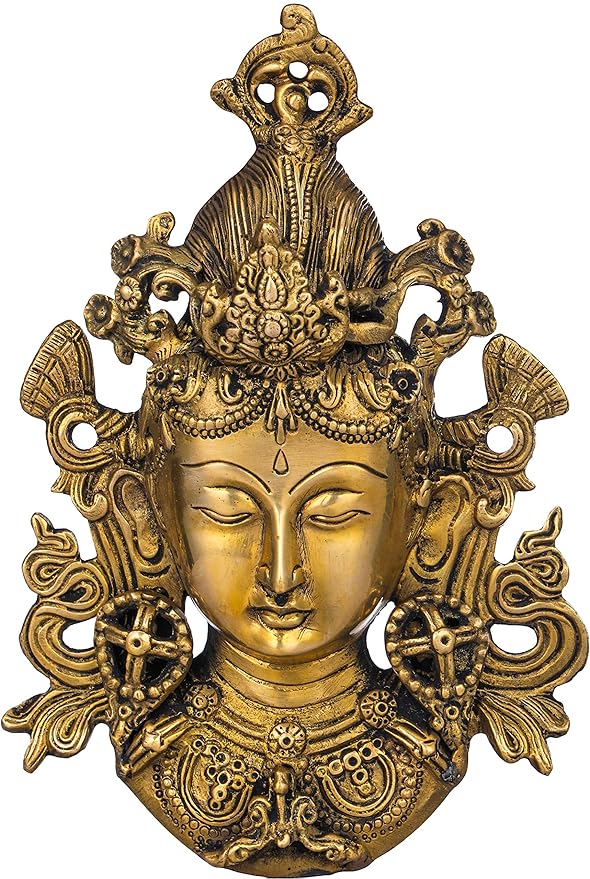 India Goddess Tara Wall Hanging Mask (Tibetan Buddhist Deity) Gold, Standard Entryway Setting