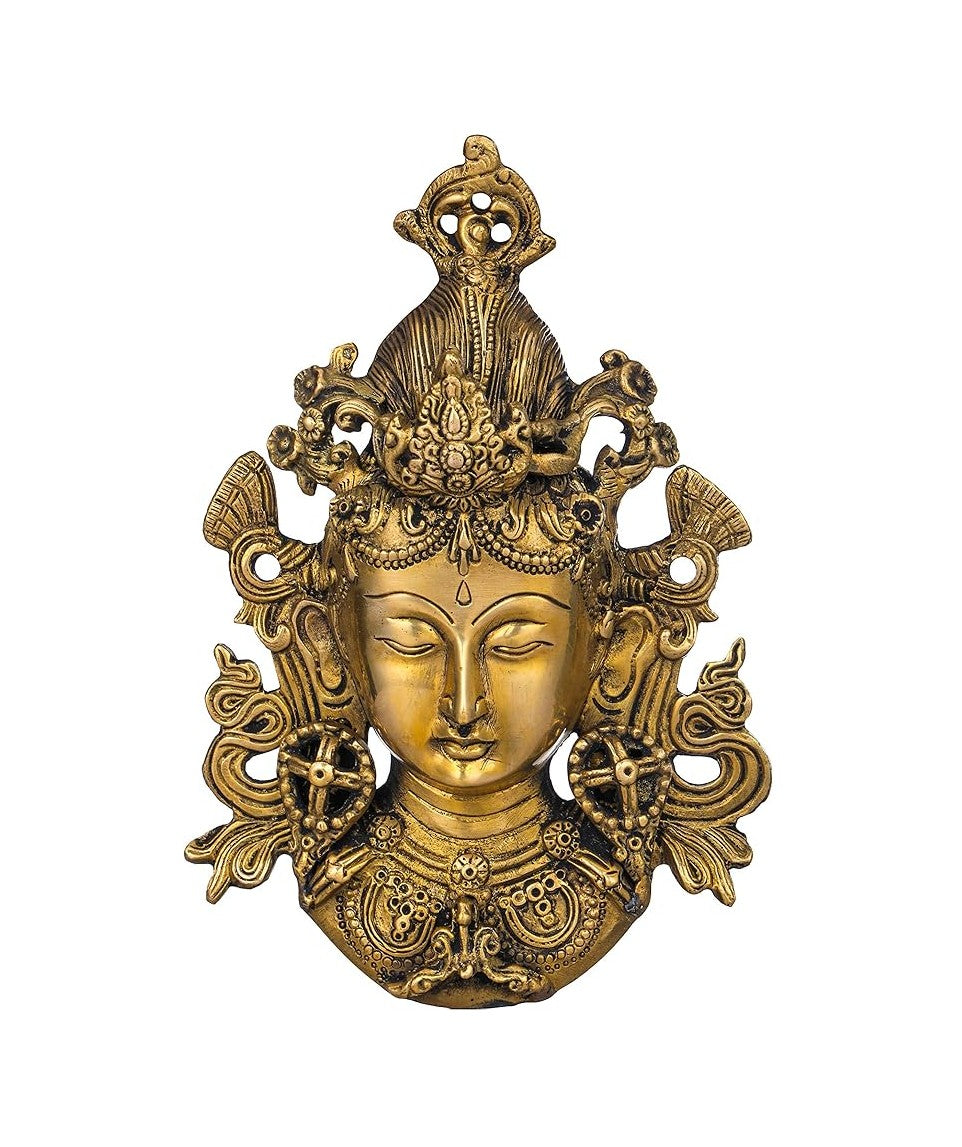Tara wall hanging mask in gold with serene face and ornate jewelry