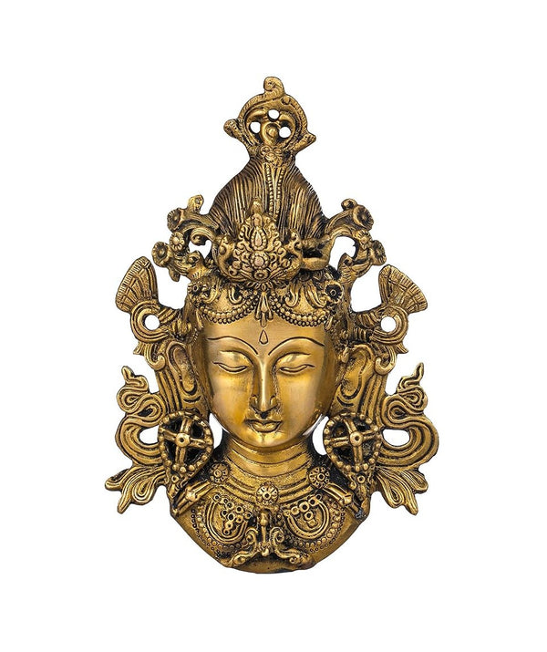 India Goddess Tara Wall Hanging Mask (Tibetan Buddhist Deity) Gold, Standard Mandir Setting