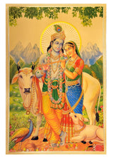 Gold foil Radha-Krishna poster with cow, framed; 18x12 inch