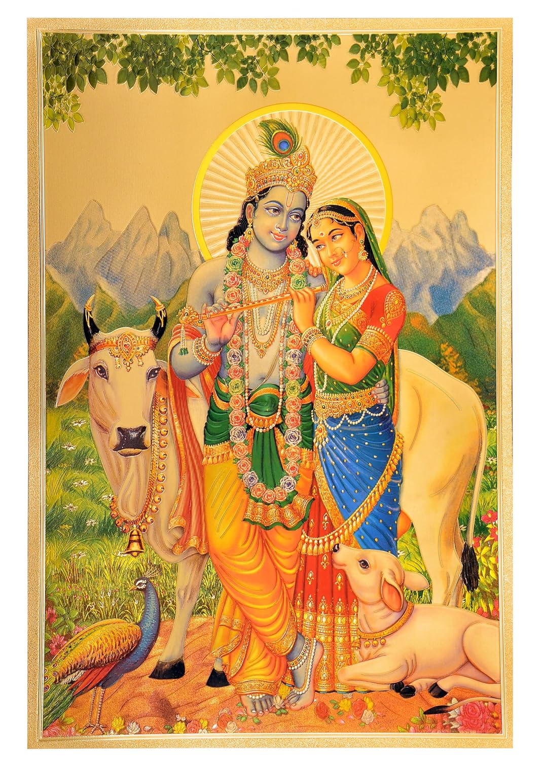 Gold foil Radha-Krishna poster with cow, framed; 18x12 inch