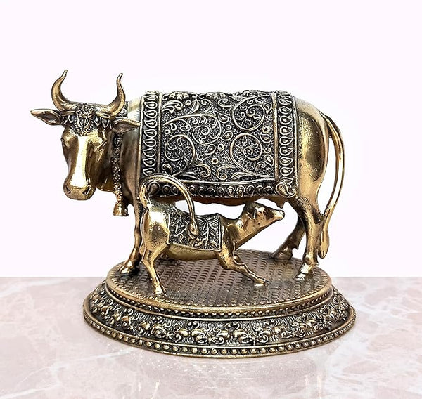 Fine Brass Cow with Calf Pooja Mandir Home Decor (Height 2.5 Inch) Entryway Setting