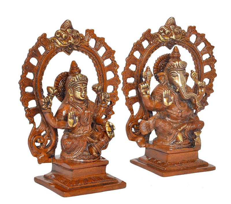 Brass Laxmi Ganesh Statue - Handcrafted Goddess Lakshmi and Lord Ganesha Idol for Home Decor and Pooja - Hindu Deities Figurine (Height 7.5 Inch)