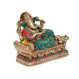 Ganpati Ganesha brass idol statue, side view holding book, teal and red decorated robe