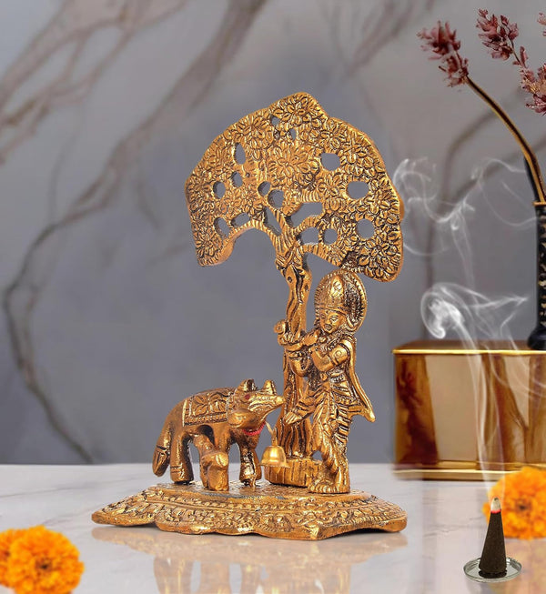 Metal Lord Krishna with Cow Idol Figurine Sculpture Playing Flute Statue Decorative Showpiece, (Height 6 Inch) Study Setting